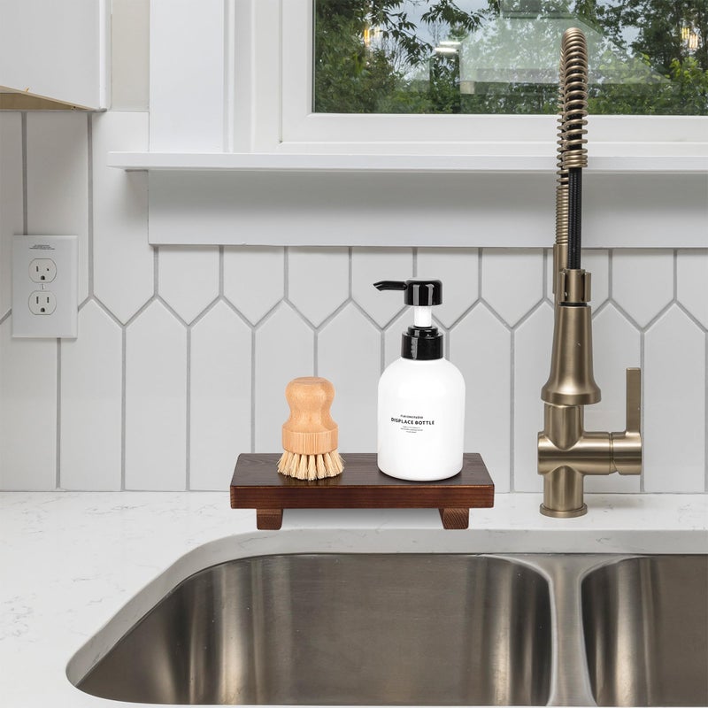 zoocatia Bathroom Counter Organizer Wood Pedestal Stand Farmhouse Decorative Tray Soap Holder for Kitchen Decor, Small, Walnut - Image 4